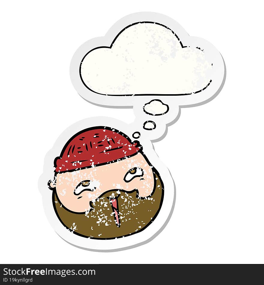 cartoon male face with beard and thought bubble as a distressed worn sticker