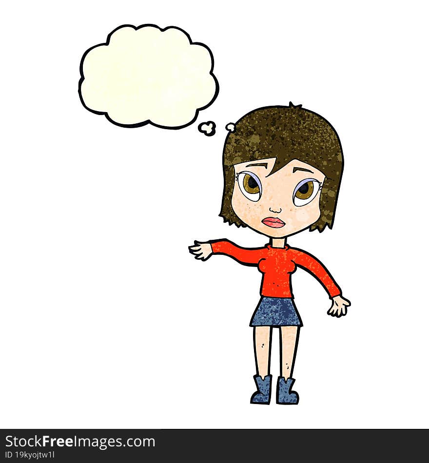 cartoon woman waving hand with thought bubble