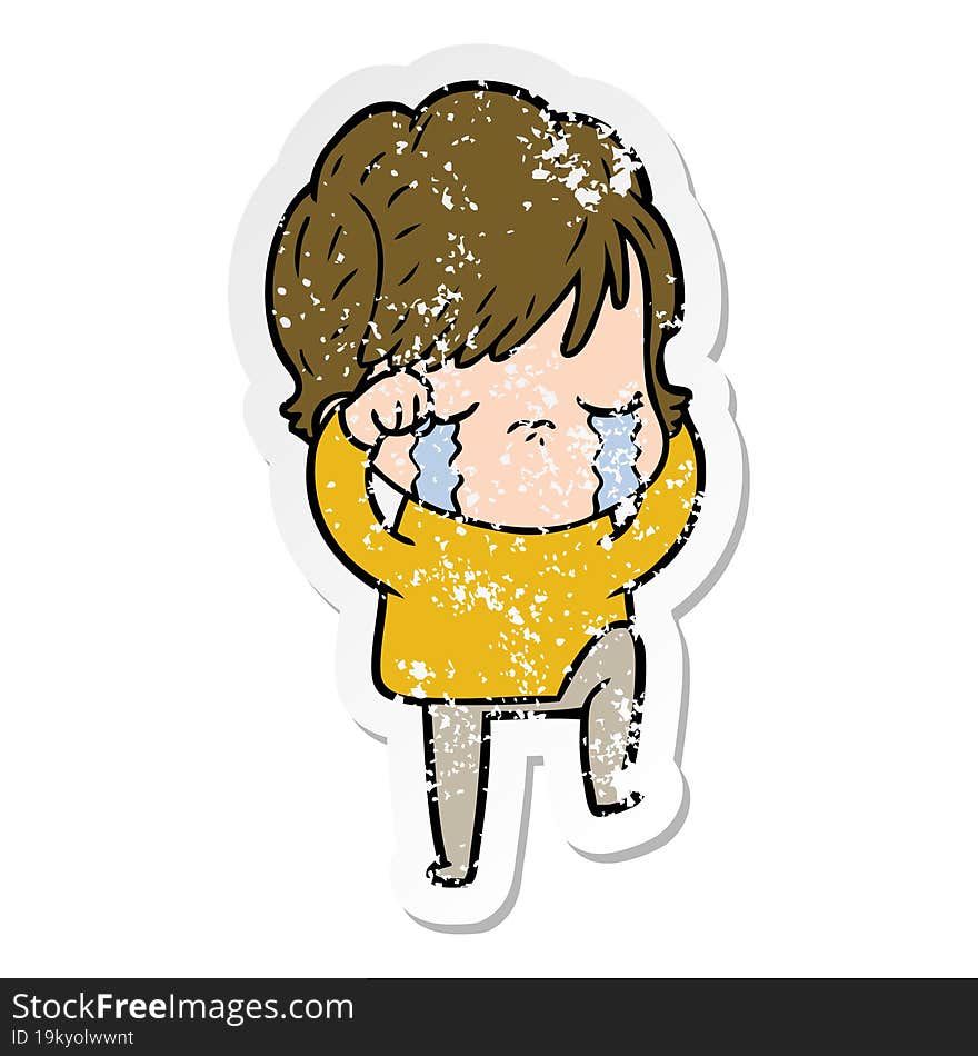 distressed sticker of a cartoon woman crying