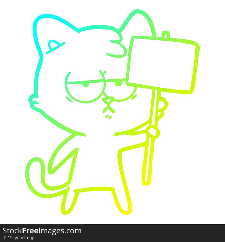 cold gradient line drawing of a bored cartoon cat with sign post