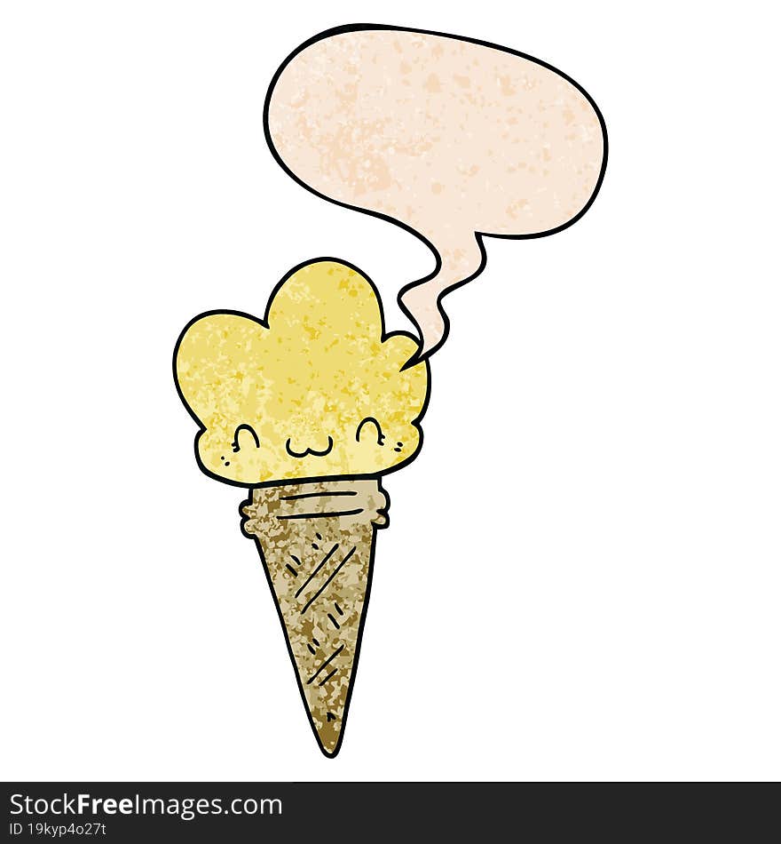 Cartoon Ice Cream And Face And Speech Bubble In Retro Texture Style