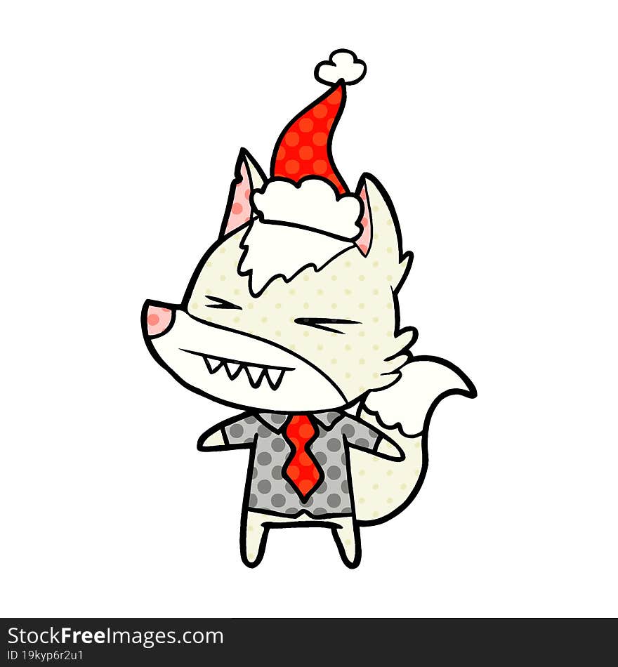 angry wolf boss hand drawn comic book style illustration of a wearing santa hat