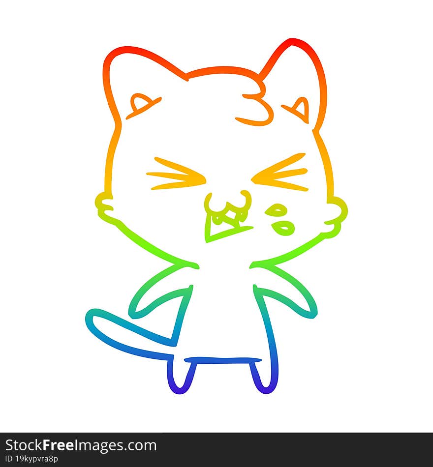 rainbow gradient line drawing of a cartoon cat hissing