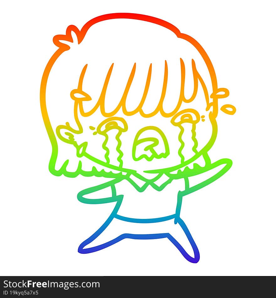 rainbow gradient line drawing of a cartoon girl crying