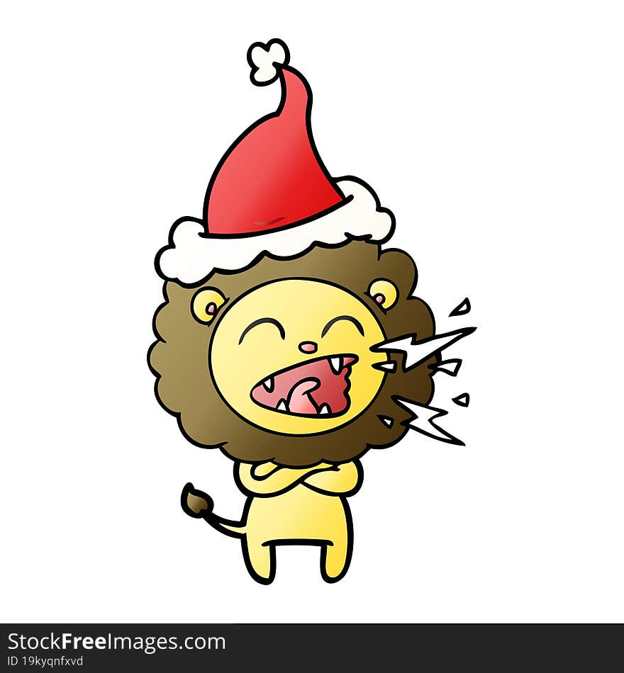 gradient cartoon of a roaring lion wearing santa hat