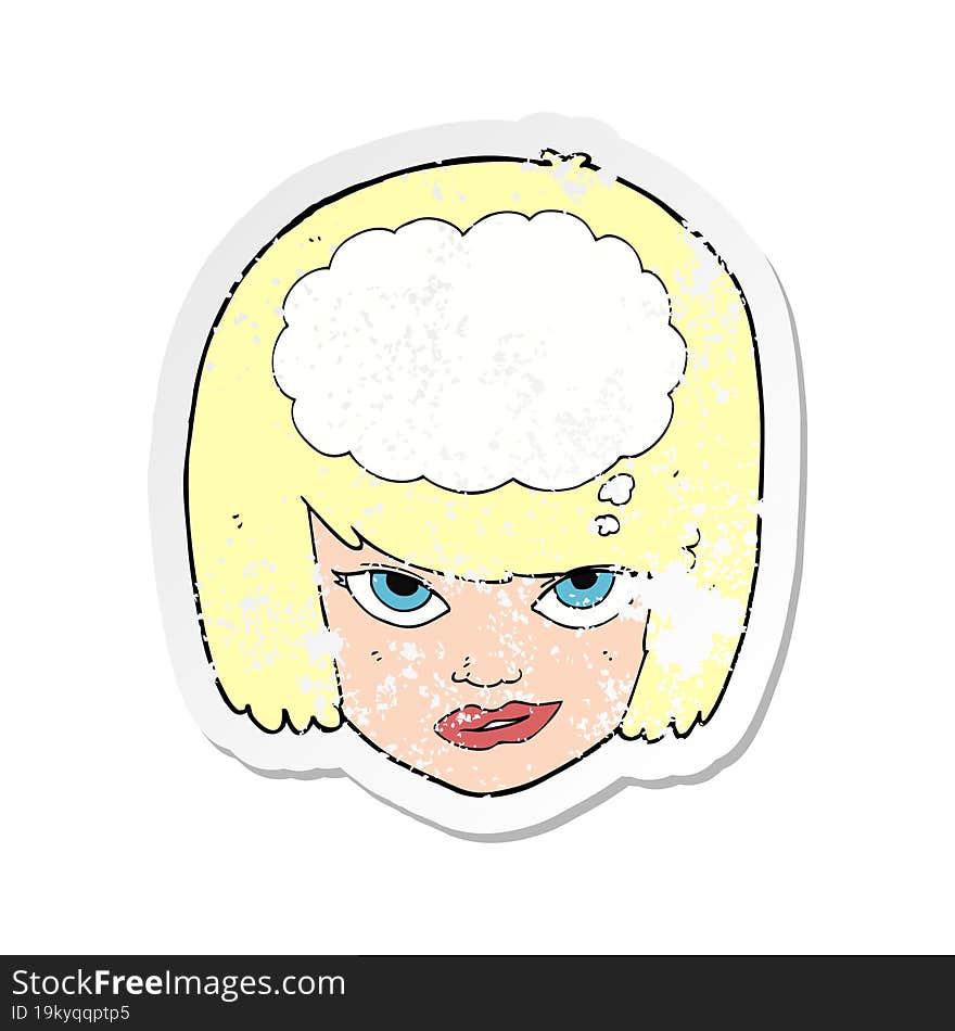 retro distressed sticker of a cartoon woman thinking