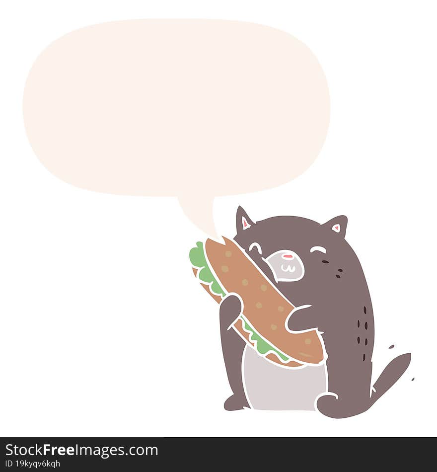 cartoon cat loving the amazing sandwich he\'s just made for lunch with speech bubble in retro style