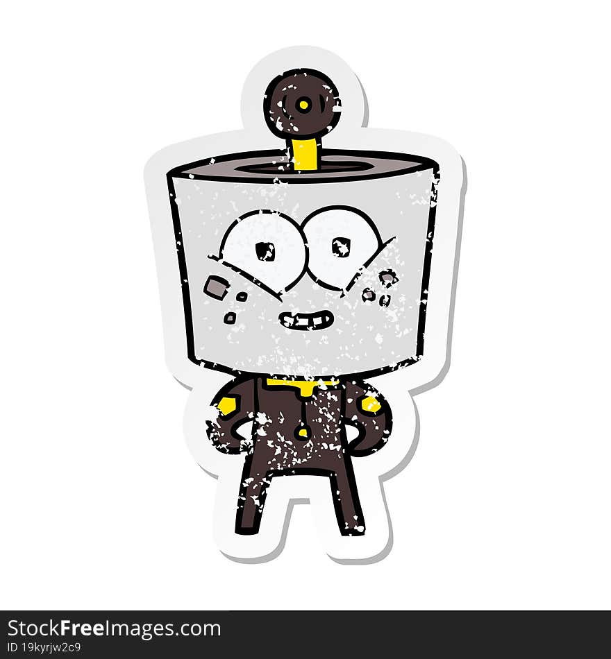 Distressed Sticker Of A Happy Cartoon Robot