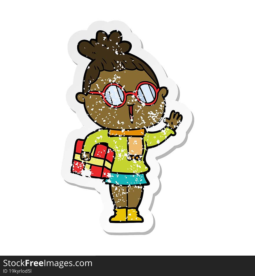 distressed sticker of a cartoon woman wearing spectacles