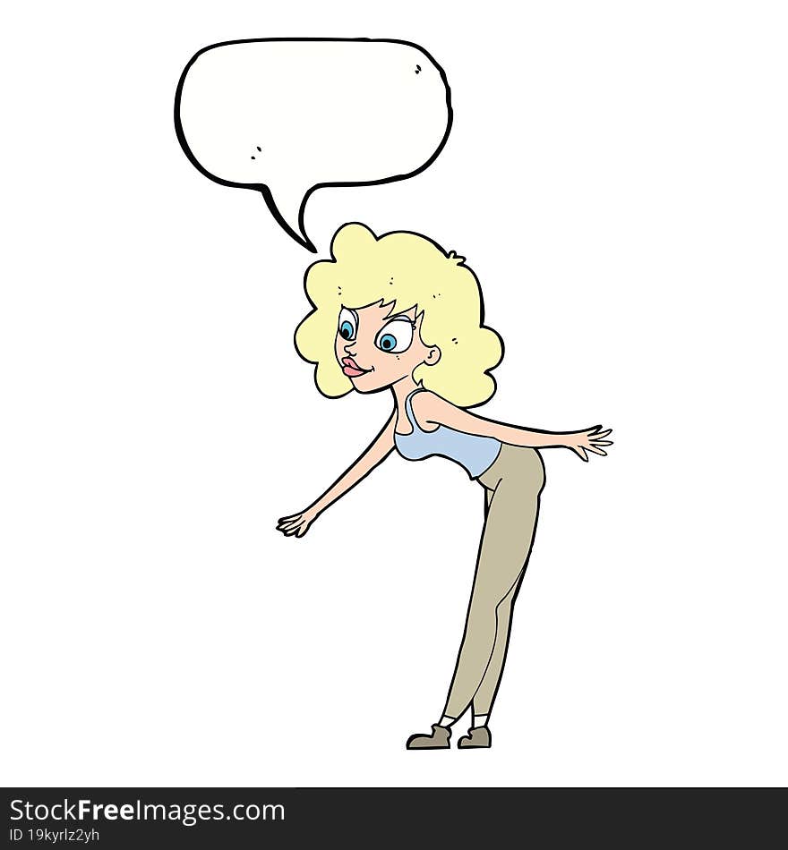 cartoon woman reaching to pick something up with speech bubble