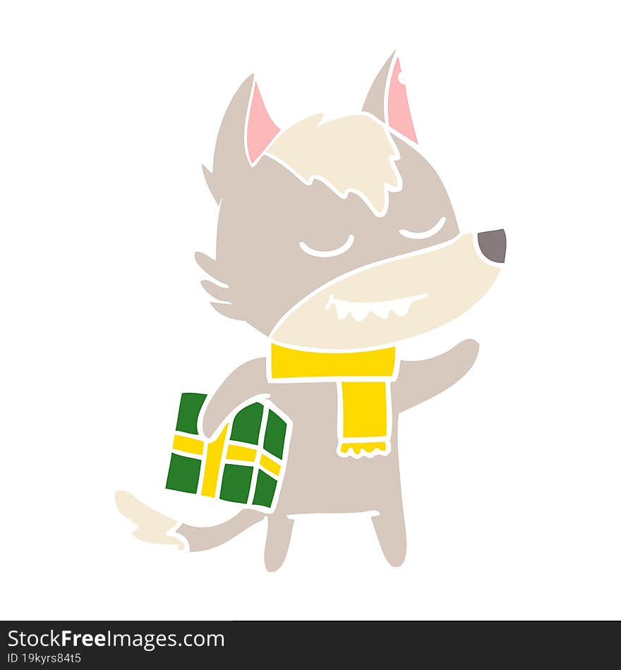 friendly flat color style cartoon wolf carrying christmas present