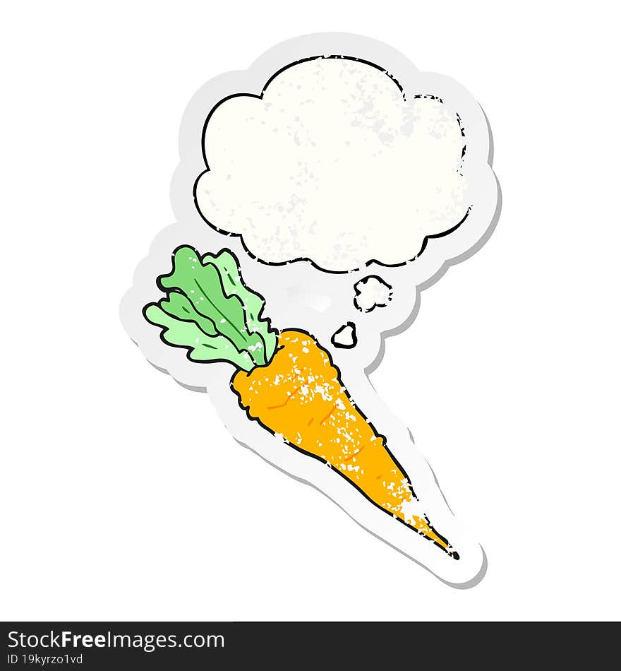 cartoon carrot with thought bubble as a distressed worn sticker