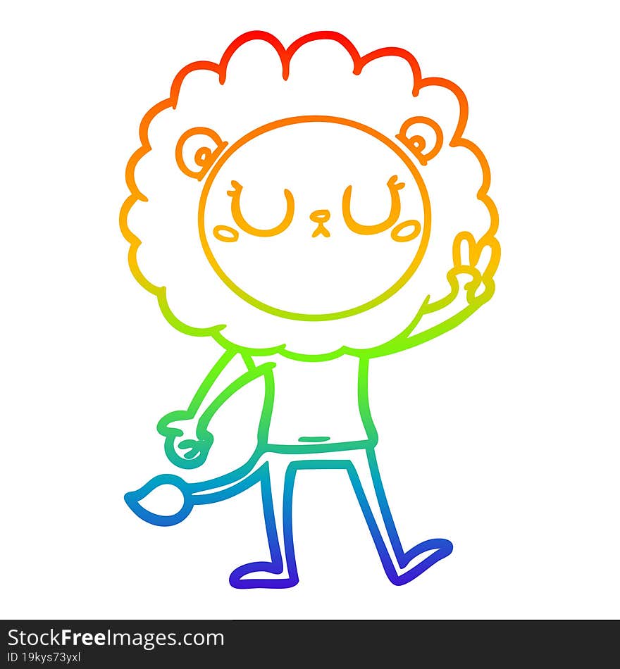 rainbow gradient line drawing of a cartoon lion giving peac sign