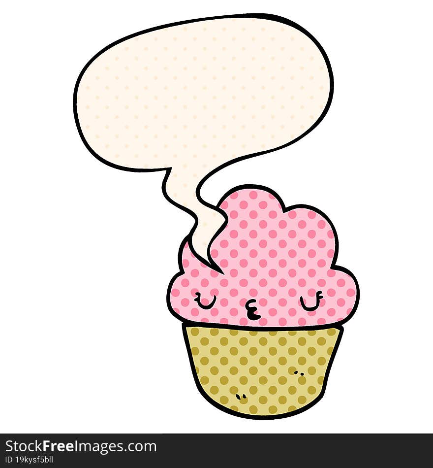 cartoon cupcake with face with speech bubble in comic book style. cartoon cupcake with face with speech bubble in comic book style