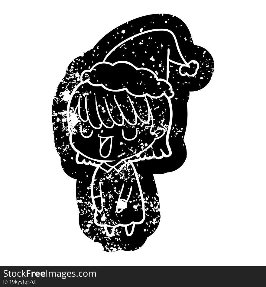 quirky cartoon distressed icon of a woman wearing santa hat