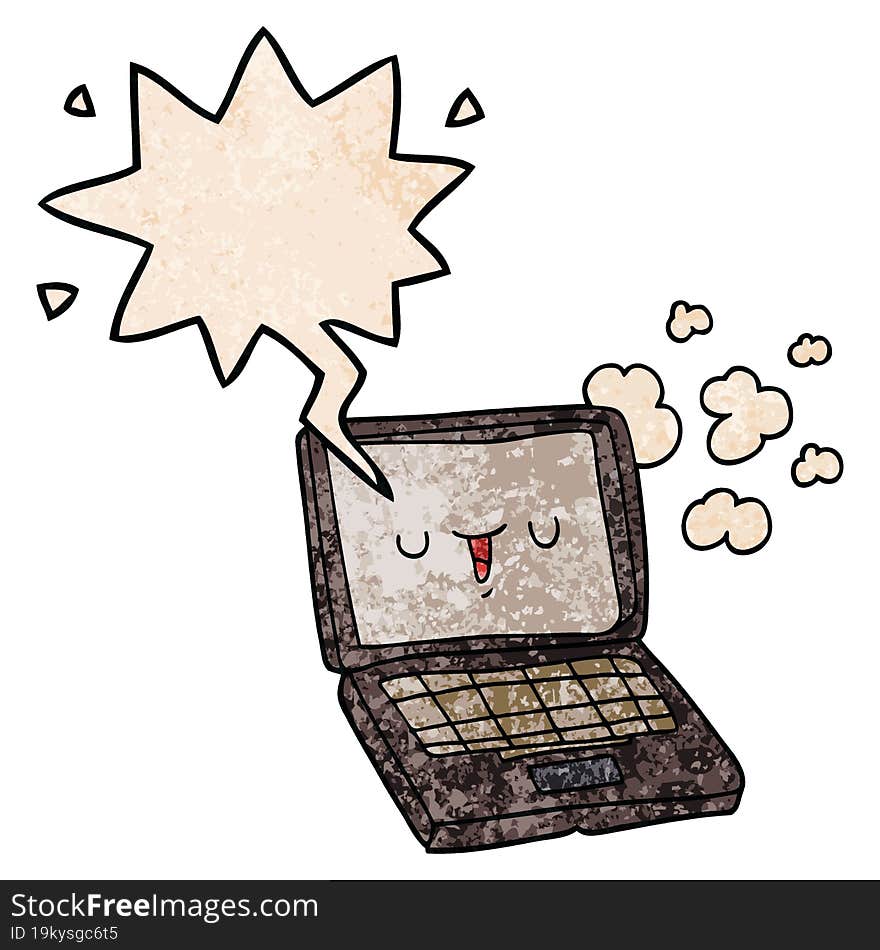 cartoon computer with speech bubble in retro texture style