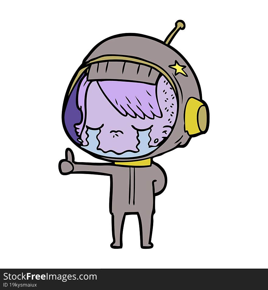 cartoon crying astronaut girl making thumbs up sign. cartoon crying astronaut girl making thumbs up sign