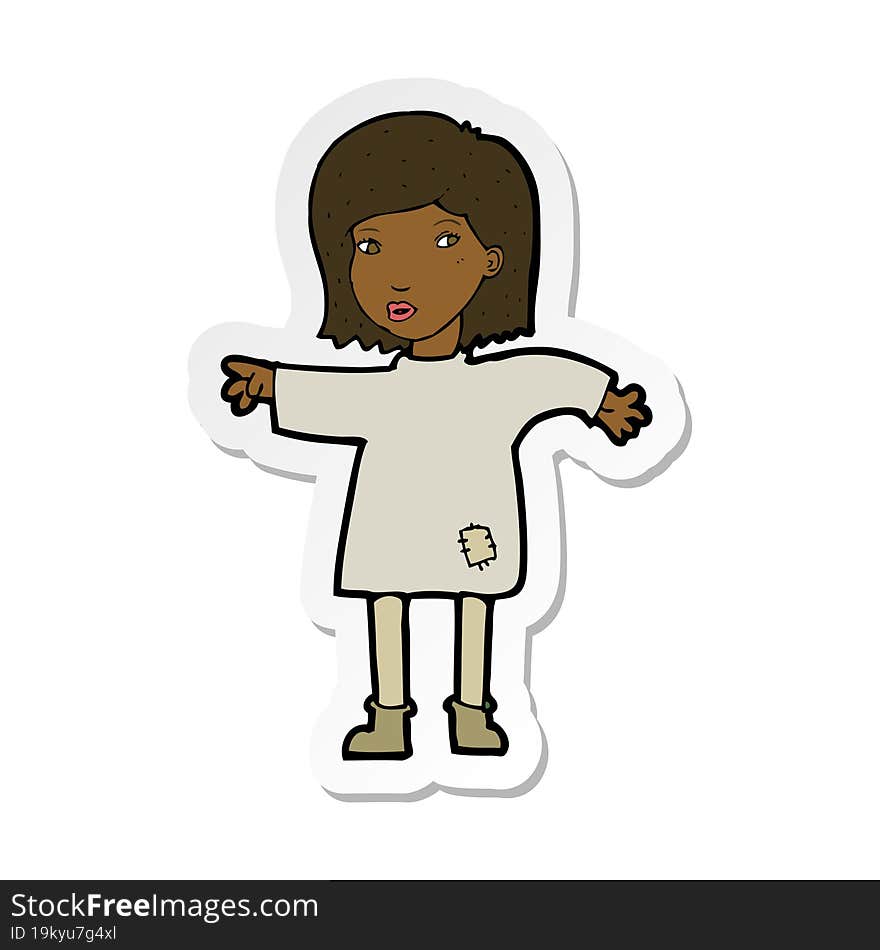 Sticker Of A Cartoon Woman In Patched Clothing