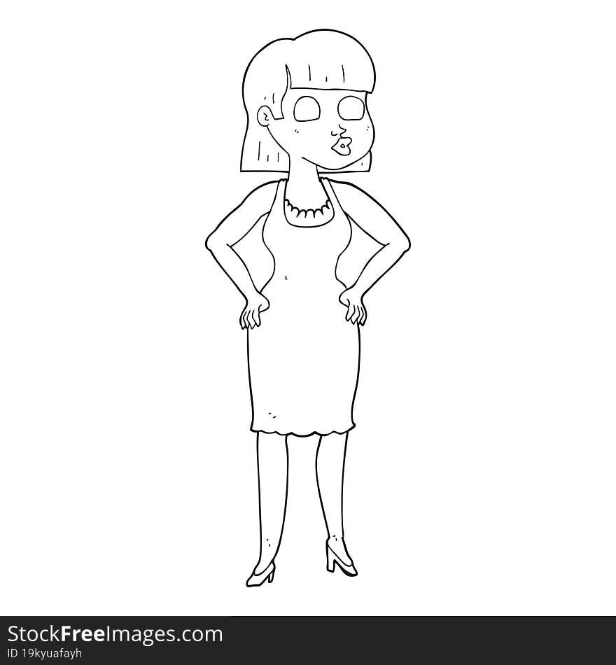 black and white cartoon woman in dress with hands on hips