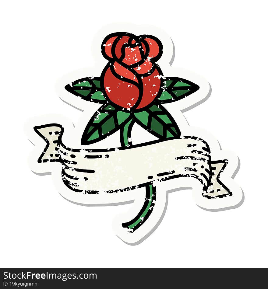 distressed sticker tattoo in traditional style of a rose and banner. distressed sticker tattoo in traditional style of a rose and banner