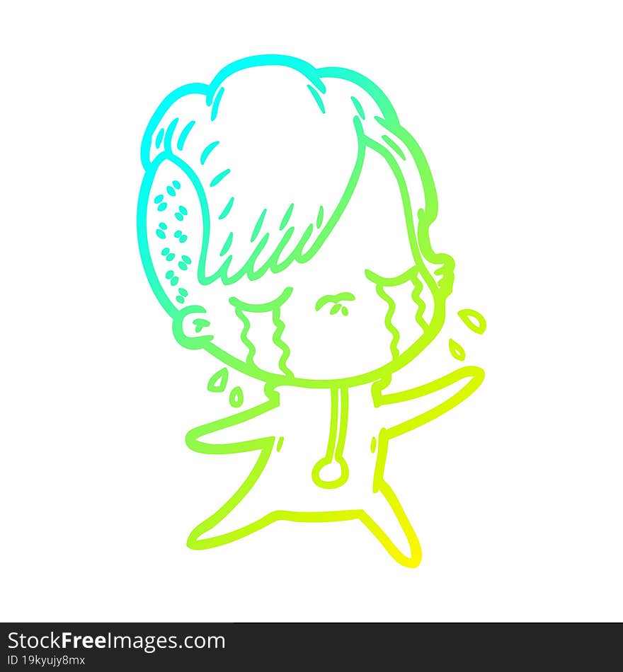 cold gradient line drawing cartoon crying girl wearing space clothes