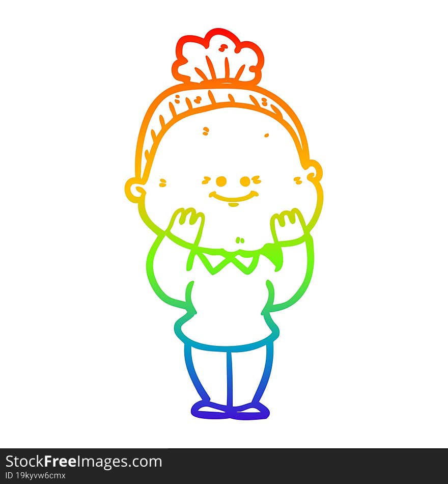 rainbow gradient line drawing of a cartoon happy old woman