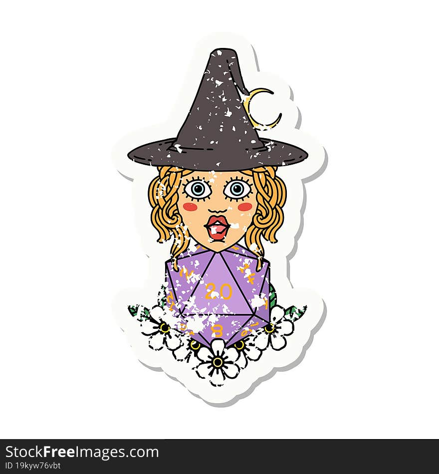 grunge sticker of a human witch with natural twenty dice roll. grunge sticker of a human witch with natural twenty dice roll