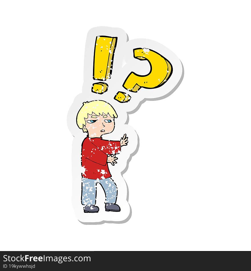 retro distressed sticker of a cartoon confused boy