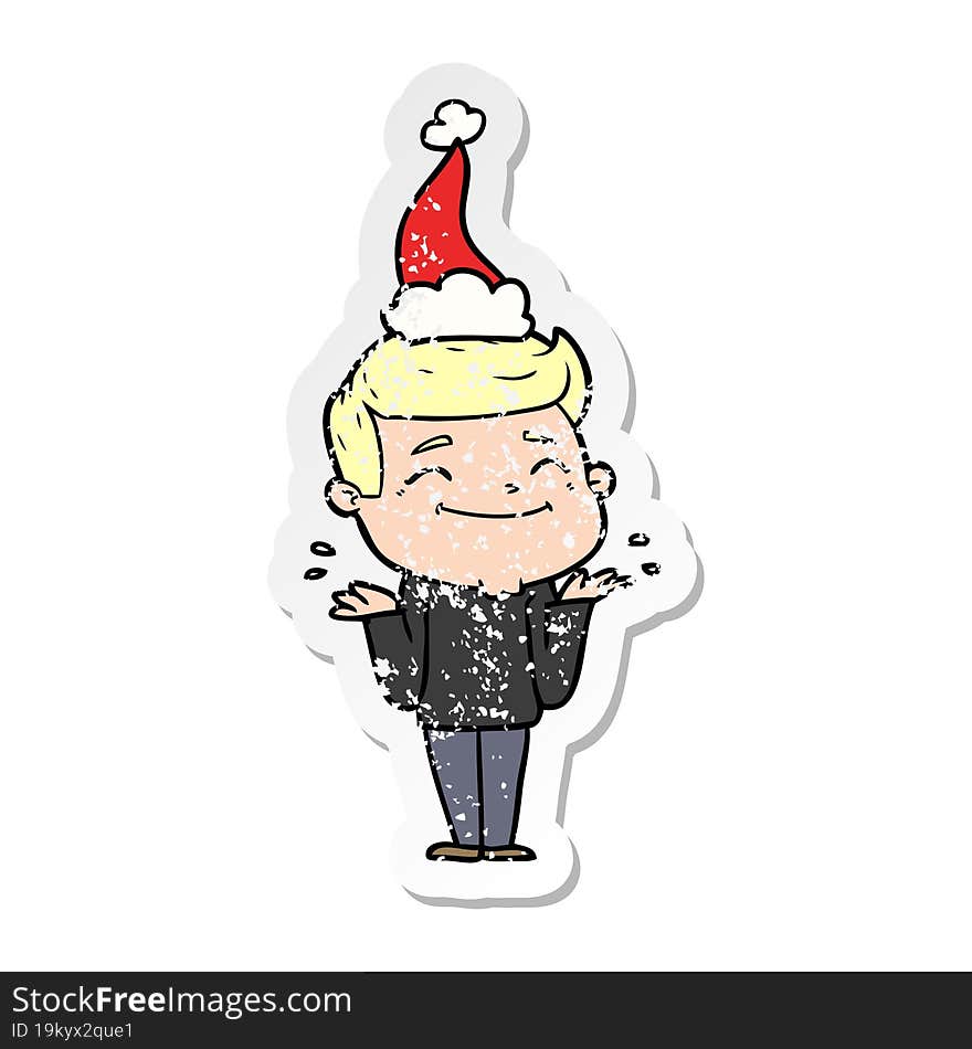 happy distressed sticker cartoon of a man shrugging wearing santa hat