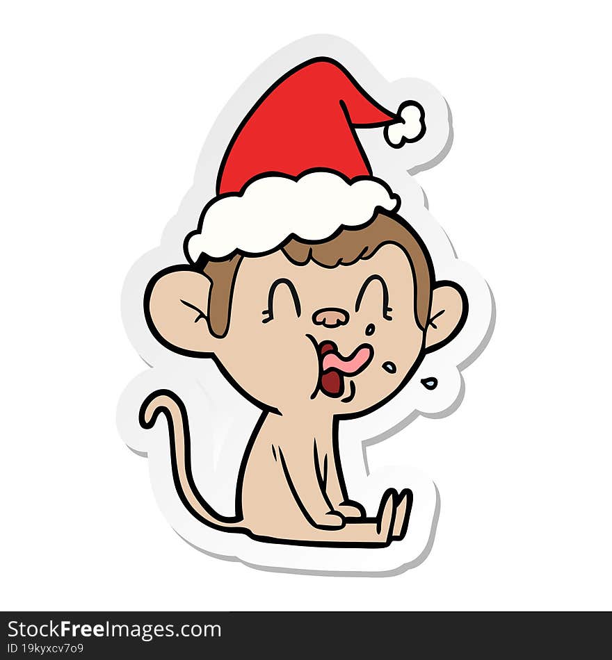 Crazy Sticker Cartoon Of A Monkey Sitting Wearing Santa Hat