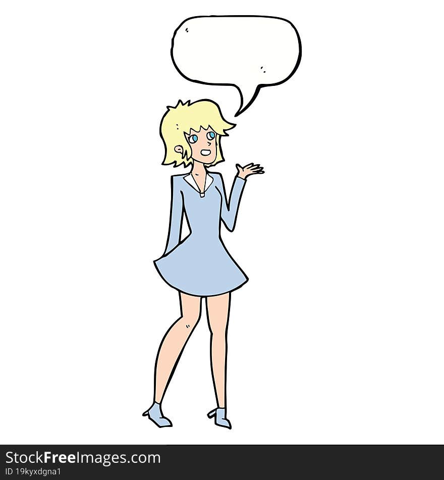 cartoon pretty woman in dress with speech bubble