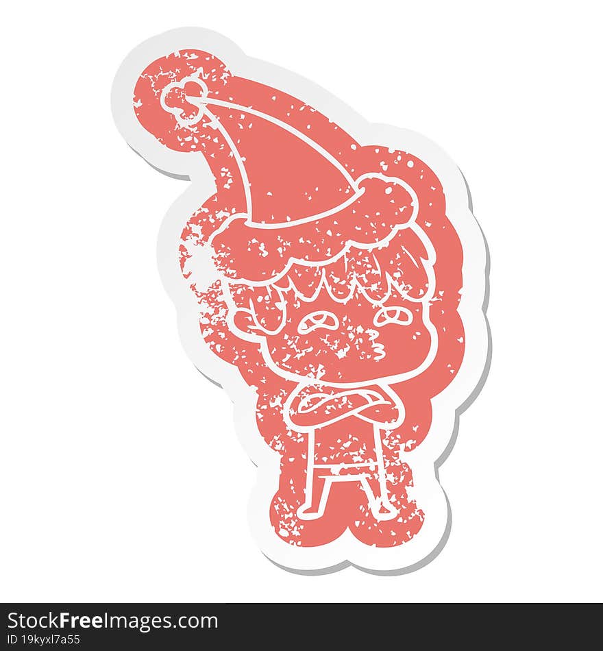 cartoon distressed sticker of a curious man wearing santa hat