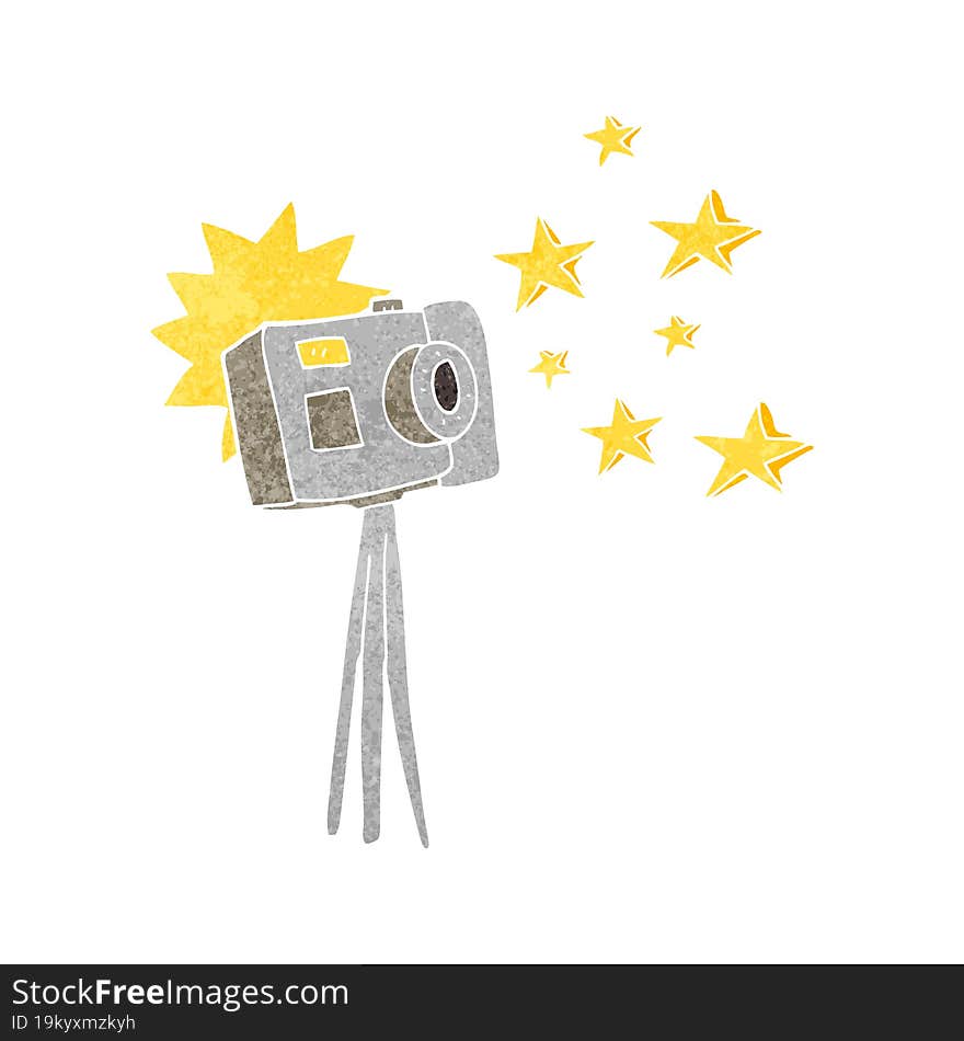 freehand retro cartoon camera on tripod with flash