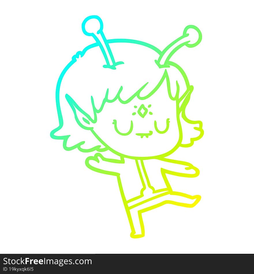 cold gradient line drawing of a cartoon alien girl