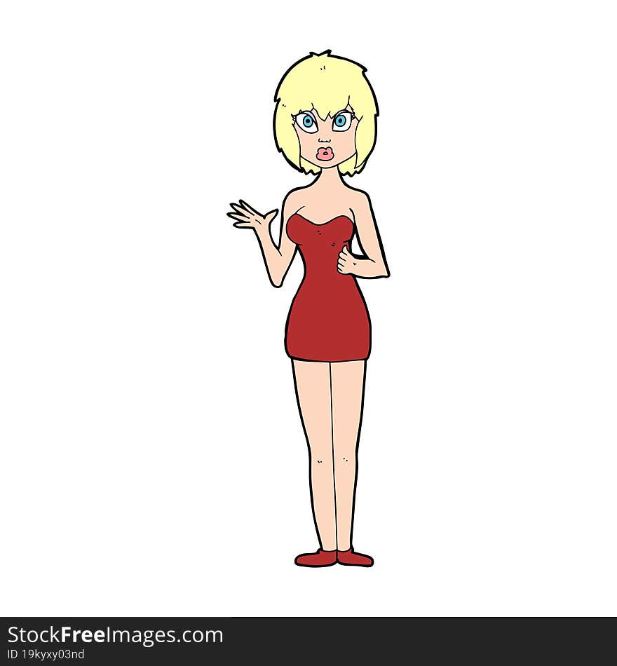 cartoon confused woman in cocktail dress