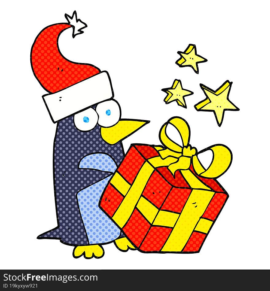 freehand drawn comic book style cartoon christmas penguin with present