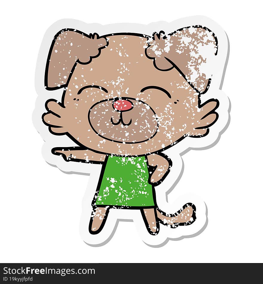 distressed sticker of a cartoon dog in dress pointing