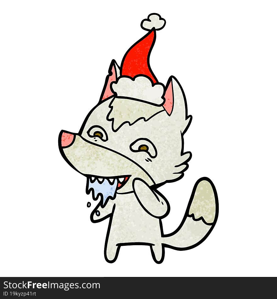 textured cartoon of a hungry wolf wearing santa hat