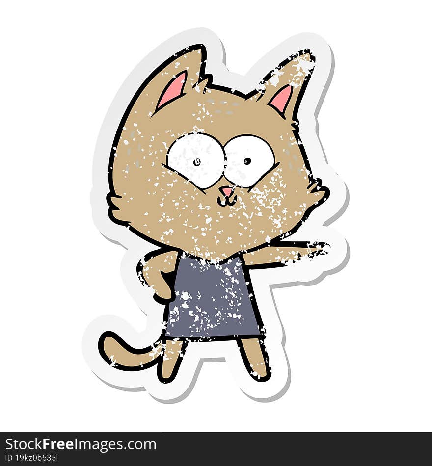 distressed sticker of a cartoon cat girl pointing