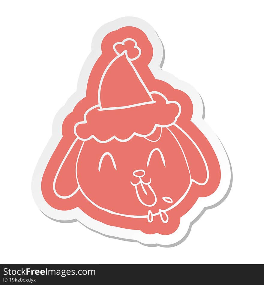 quirky cartoon  sticker of a dog face wearing santa hat