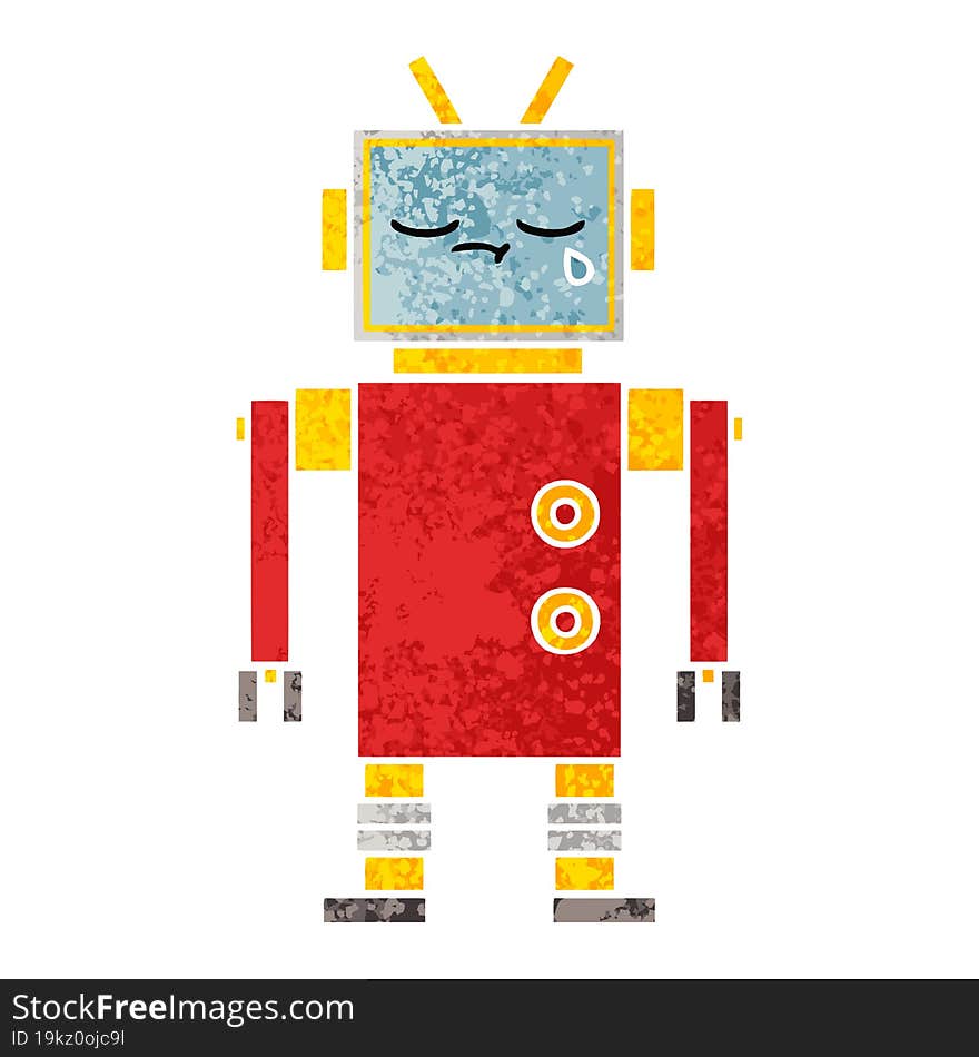 retro illustration style cartoon of a crying robot