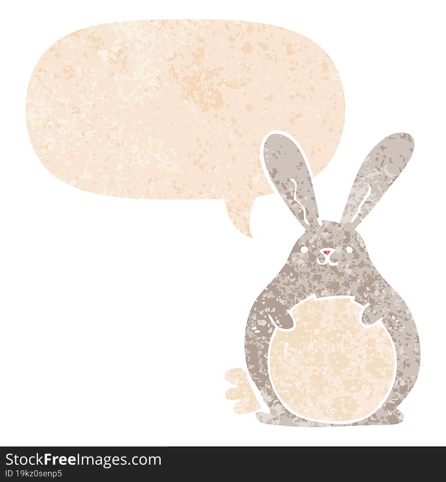 cartoon rabbit with speech bubble in grunge distressed retro textured style. cartoon rabbit with speech bubble in grunge distressed retro textured style