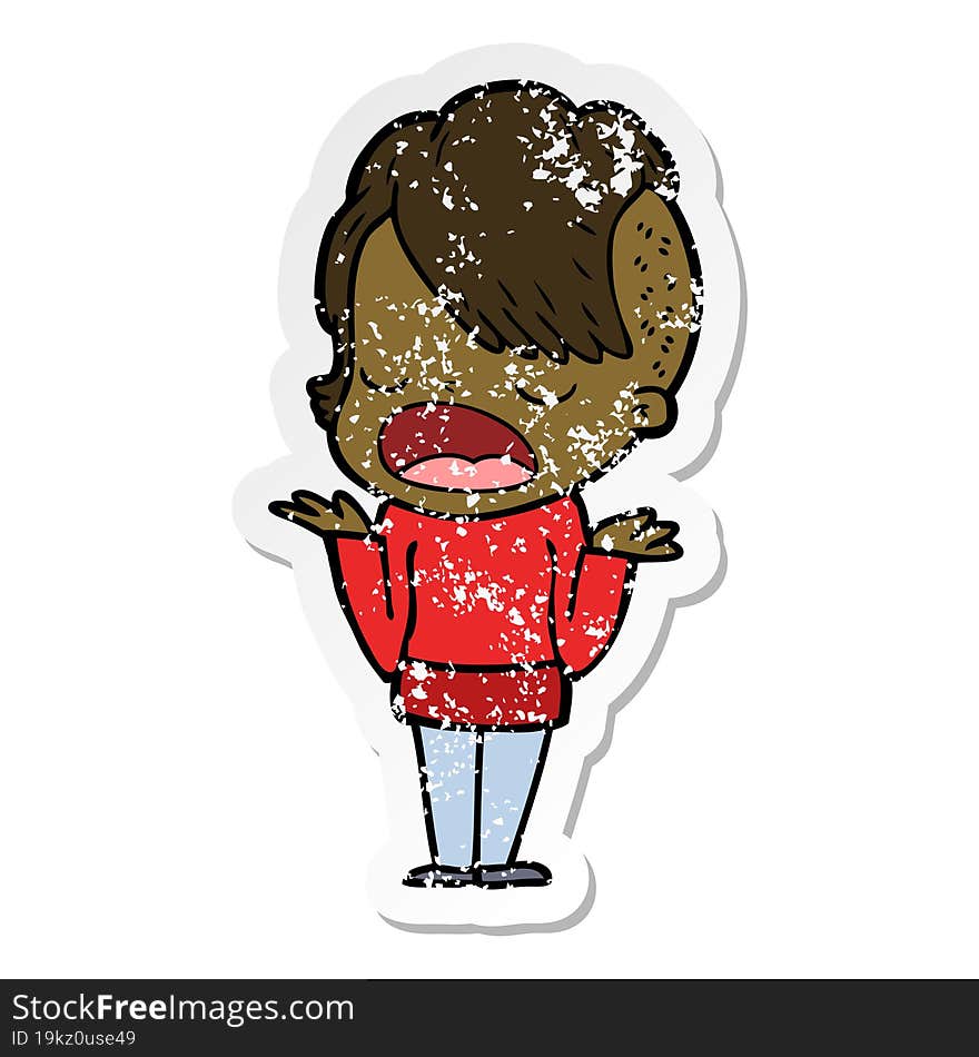 distressed sticker of a cartoon cool hipster girl talking