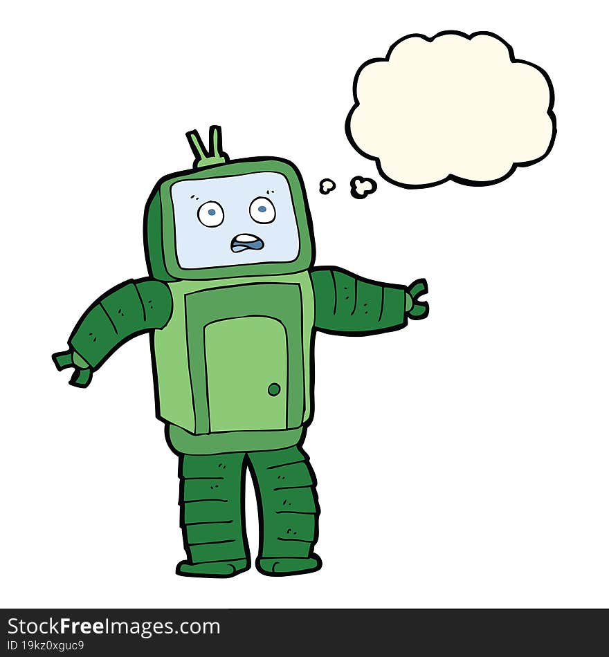 cartoon funny robot with thought bubble