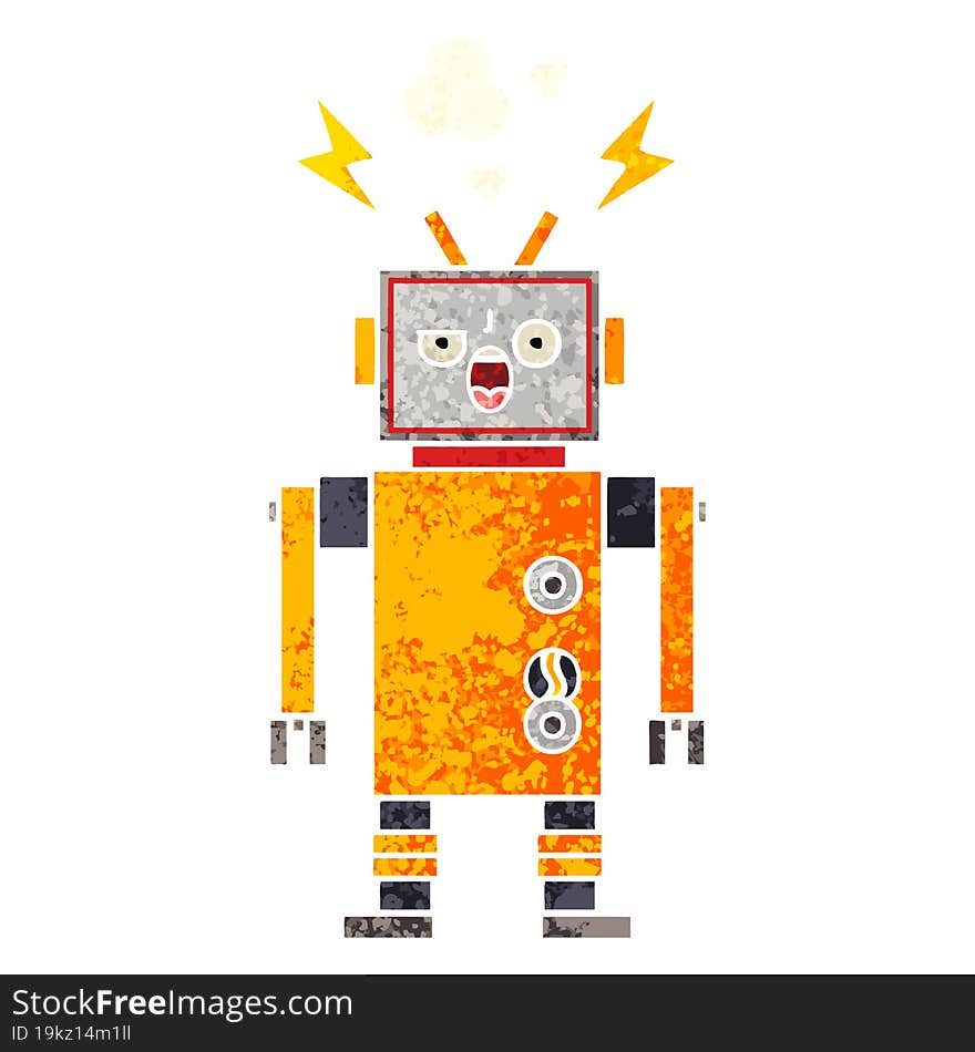 retro illustration style cartoon of a broken robot