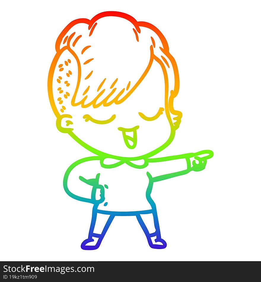 rainbow gradient line drawing happy cartoon girl pointing