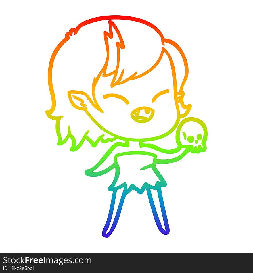 rainbow gradient line drawing cartoon laughing vampire girl with skull