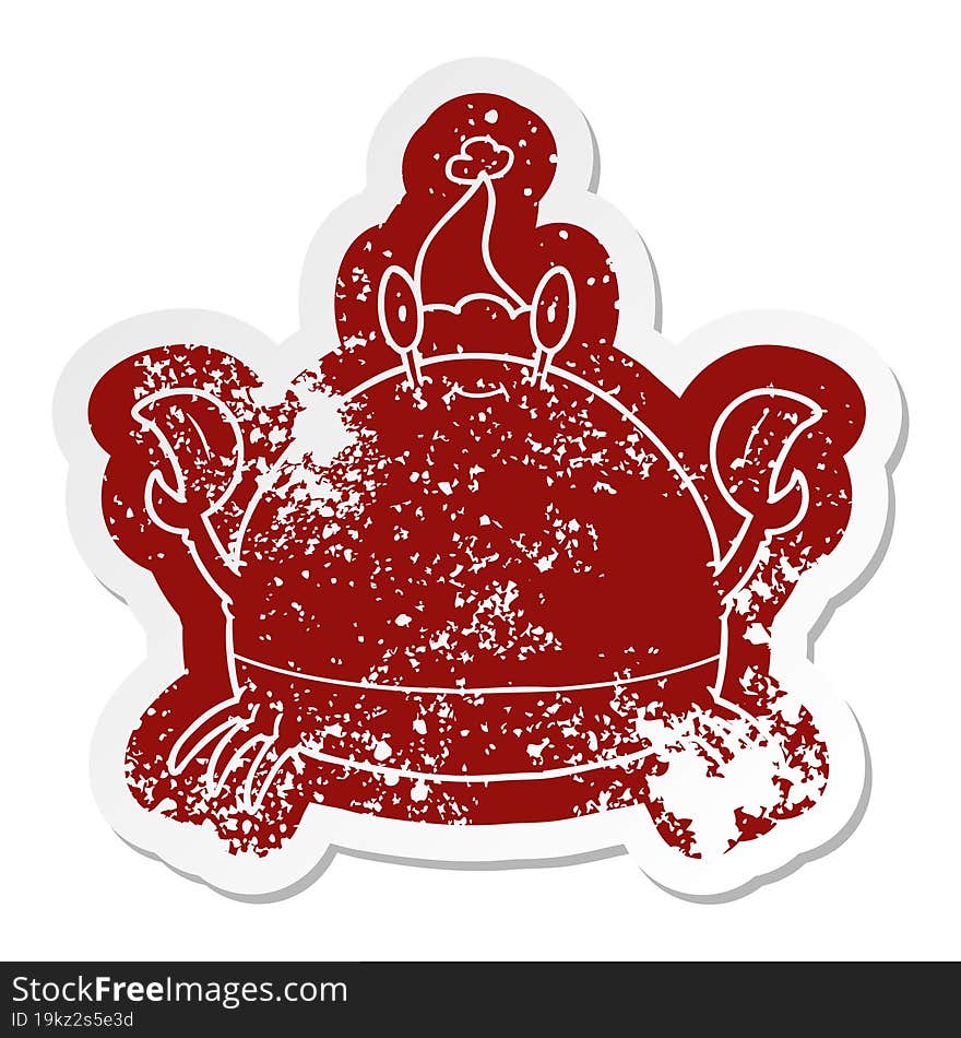 cartoon distressed sticker of a crab wearing santa hat