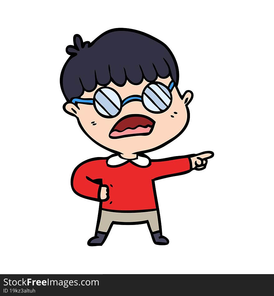 cartoon pointing boy wearing spectacles. cartoon pointing boy wearing spectacles