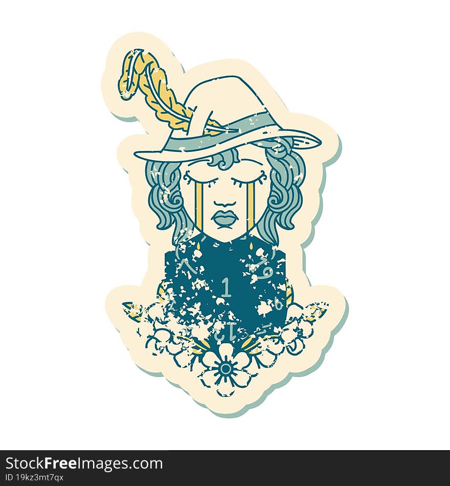 grunge sticker of a crying human bard with natural one D20 dice roll. grunge sticker of a crying human bard with natural one D20 dice roll